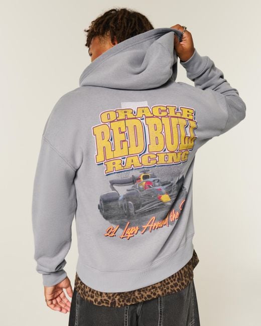 Hollister Gray Boxy Oracle Red Bull Racing Graphic Zip-up Hoodie for men