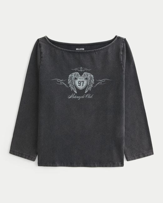 Hollister Black Slash-neck Route 97 Motorcycle Club Graphic Tee