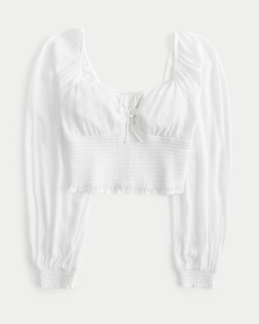Hollister White Smocked Long-sleeve Cinch-front Top