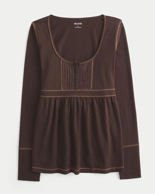 Hollister Brown Long-sleeve Henley Babydoll Top