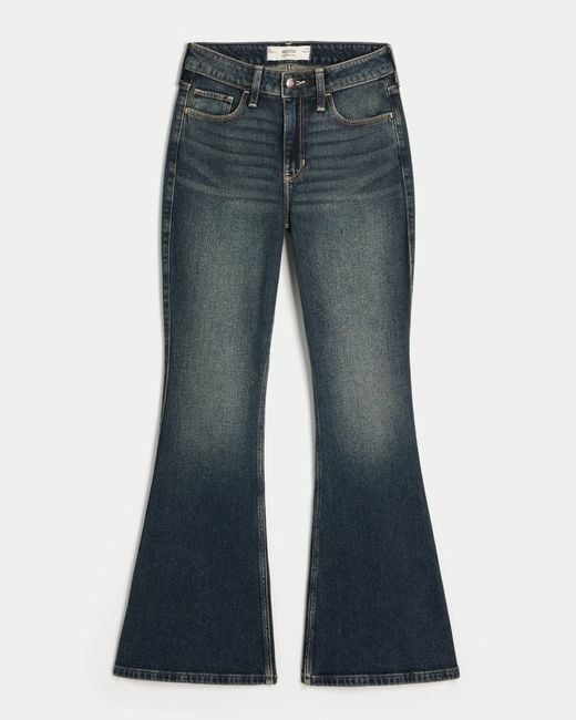 Hollister Blue High-rise Dark Wash Embroidered Union Jack Pocket Flare Jeans