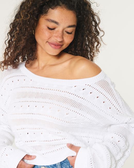 Hollister White Easy Crochet-style Crew Sweater