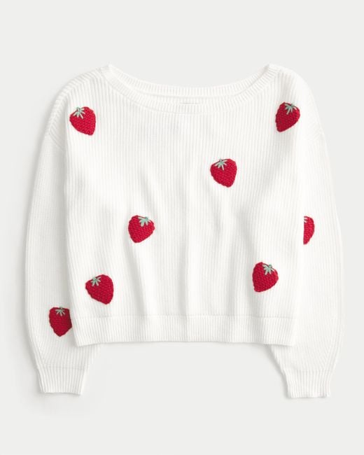 Hollister White Easy Berry Graphic Off-the-shoulder Sweater