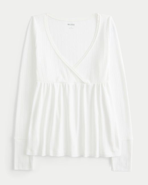 Hollister White Lässiges langärmliges Pointelle-Babydoll-Oberteil