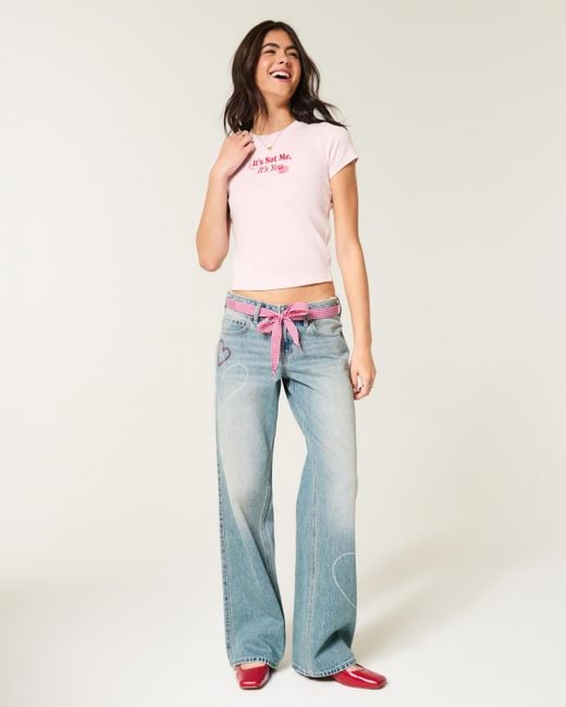 Hollister Blue Low-rise Medium Wash Heart Embroidery Baggy Jeans