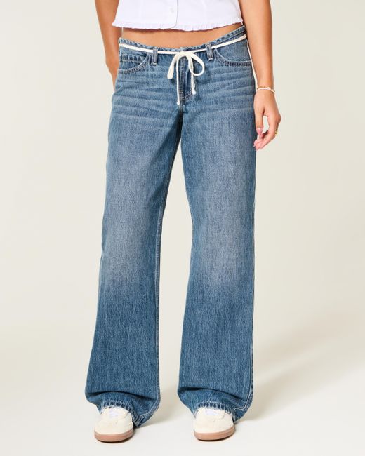 Hollister Blue Ultra Low-rise Mini Waistband Dark Wash Tie Waist Baggy Jeans