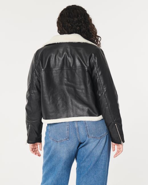Hollister Black Faux Fur-lined Vegan Leather Crop Biker Jacket