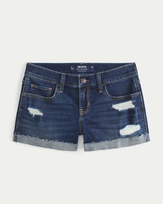 Hollister Blue Low-rise Ripped Dark Wash Denim Shorts