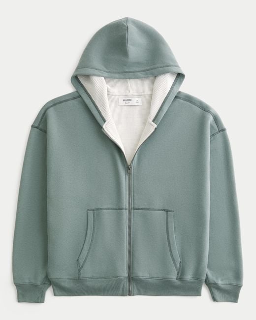 Hollister Green Boxy Thermal-lined Zip-up Hoodie for men