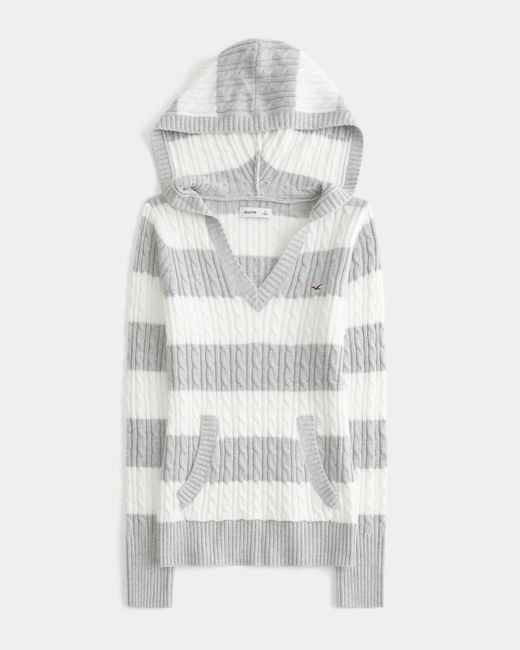 Hollister White Cable-knit V-neck Hoodie Sweater