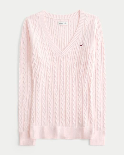 Hollister Pink Cable-knit V-neck Icon Sweater