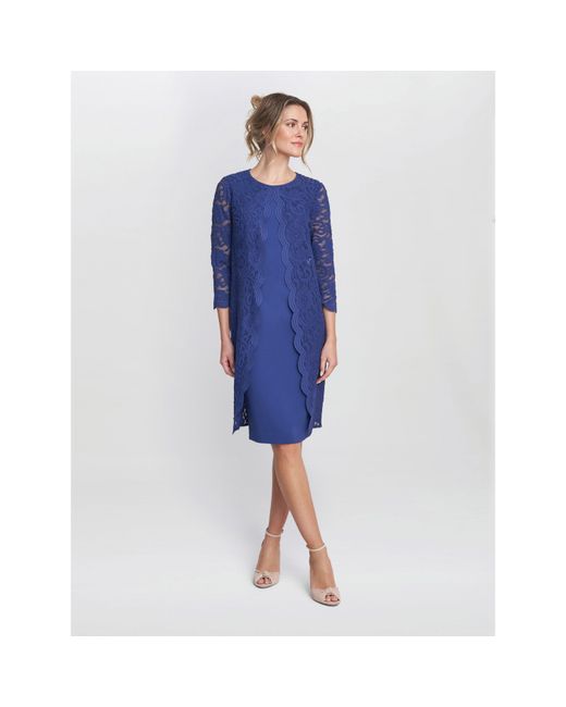 Gina Bacconi Blue Clarabelle Mock Lace Jacket Crepe Dress