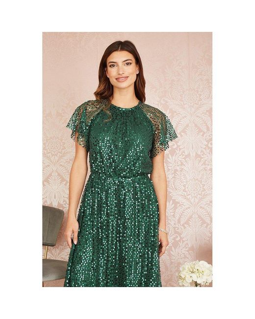 Yumi' Green Sequin Angel Sleeve Midi Smock Dress