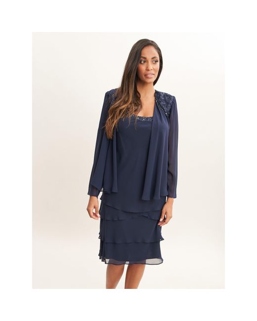 Gina Bacconi Blue Camira Lace Shoulder Tier Jacket Dress