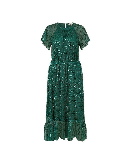 Yumi' Green Sequin Angel Sleeve Midi Smock Dress