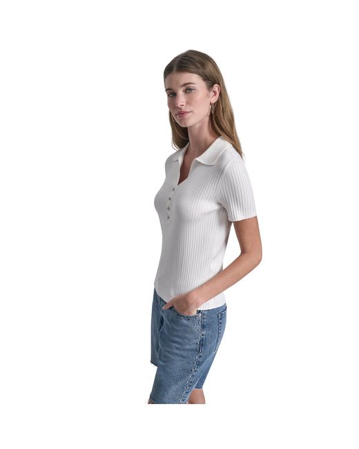 DKNY White Jeans Short Sleeve Rib Polo W/ Logo Rhinestone Buttons