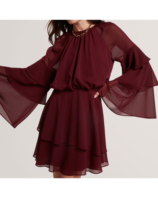 Ted Baker Red Frill Trim Long Sleeve Mini Dress