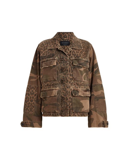 AllSaints Brown Finch Leopard Camo Cotton Denim Jacket
