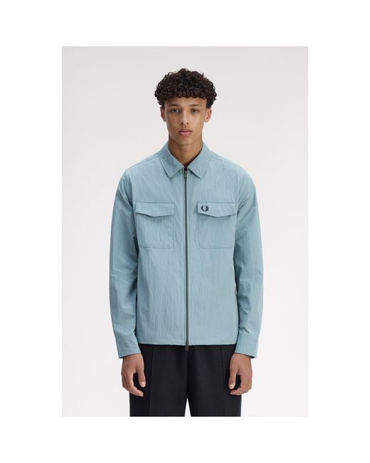 Fred Perry Blue Long Sleeve Zip Overshirt for men