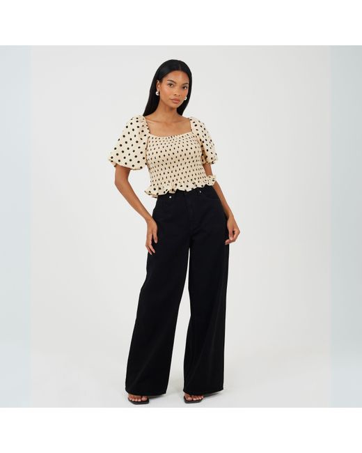 Brave Soul Natural Puff Sleeve Shirred Bust Polka Dot Top