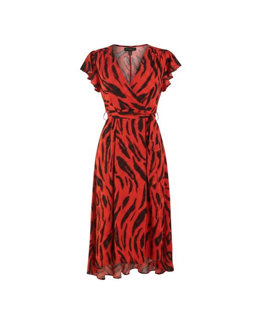 AX Paris Red Tiger Print Flutter Sleeve Belted Wrap Midi Dress