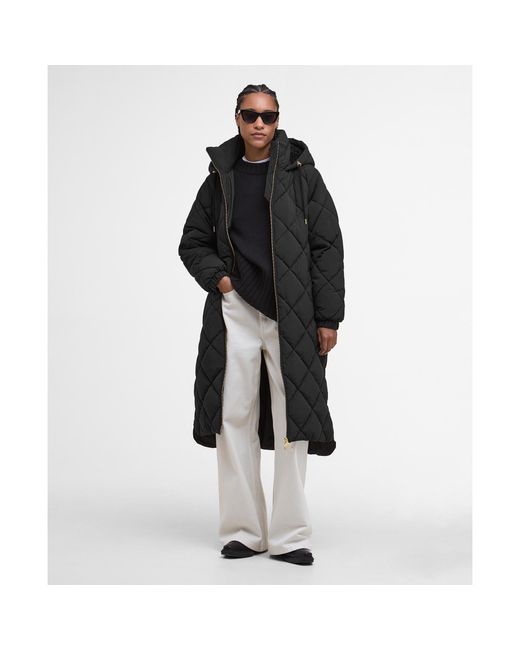 Barbour Black Kirkton Diamond Quilted Hooded Long Puffer Jacket