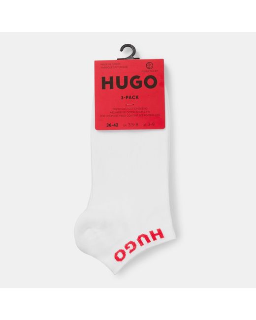 HUGO White Three Pack Logo Cuff Ankle Socks