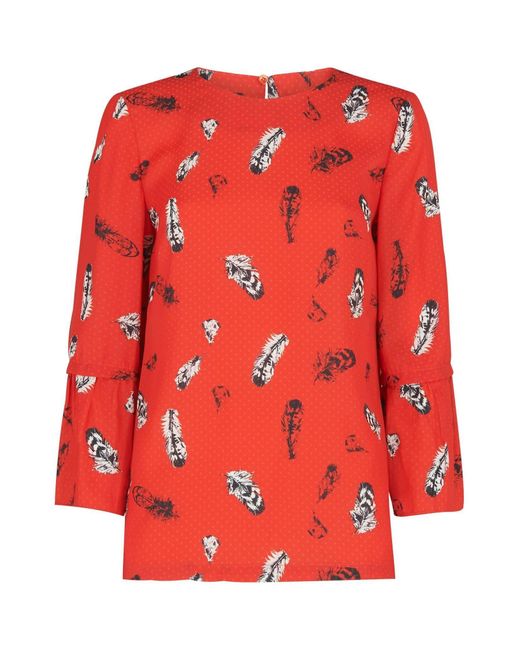 Whistles Red Feather Print Millie Frill Top