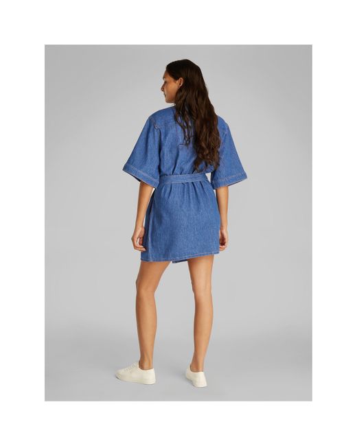 Calvin Klein Blue Linen Boxy Belted Wrap Dress