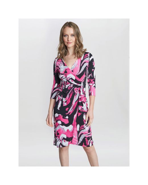 Gina Bacconi Purple Anabelle Printed Jersey Ruffle Dress