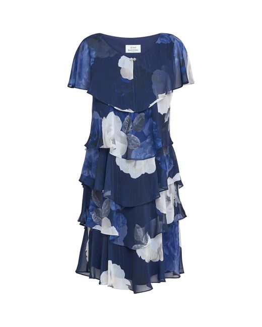 Gina Bacconi Blue Benita Printed V Neck Tiered Dress