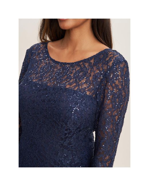 Gina Bacconi Blue Elianna Midi Sequin Lace Cocktail Dress