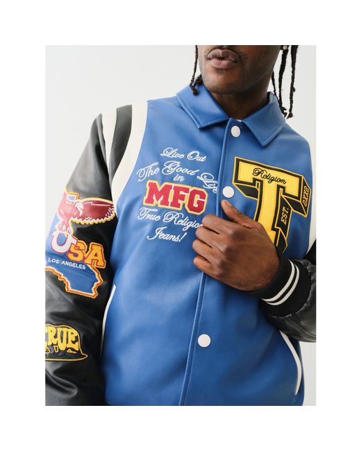True Religion Blue Pu Faux Leather Jacket for men