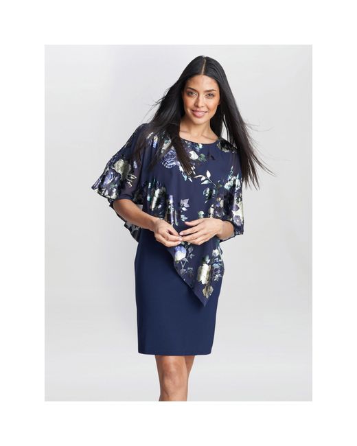 Gina Bacconi Blue Gaby Floral Printed Asymmetric Dress