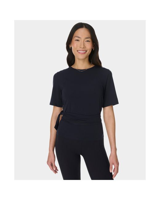 Sweaty Betty Blue Soft Flow Wrap Short Sleeve Performance Gym Top