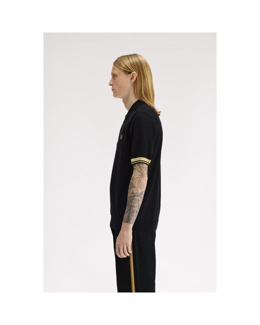 Fred Perry Black Knitted Cuff Short Sleeve Polo Shirt for men