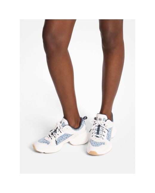 MICHAEL Michael Kors White Bowie Signature Logo Print Denim Trainer