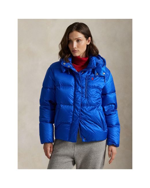Polo Ralph Lauren Blue Carly Water-Repellent Quilted Duck Down Wind Resistant Detachable Hood Short Puffer Jacket
