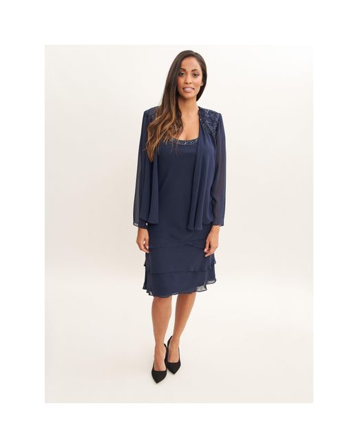 Gina Bacconi Blue Camira Lace Shoulder Tier Jacket Dress
