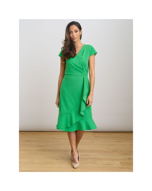 Gina Bacconi Green Marinella Ruffle Hem Crepe Dress