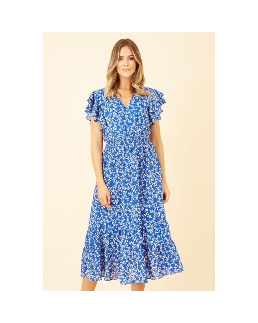 Yumi' Blue Ditsy Print Frill Detail Midi Dress