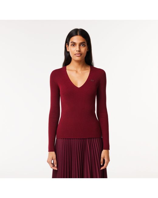 Lacoste Red V-Neck Slim Fit Sweater