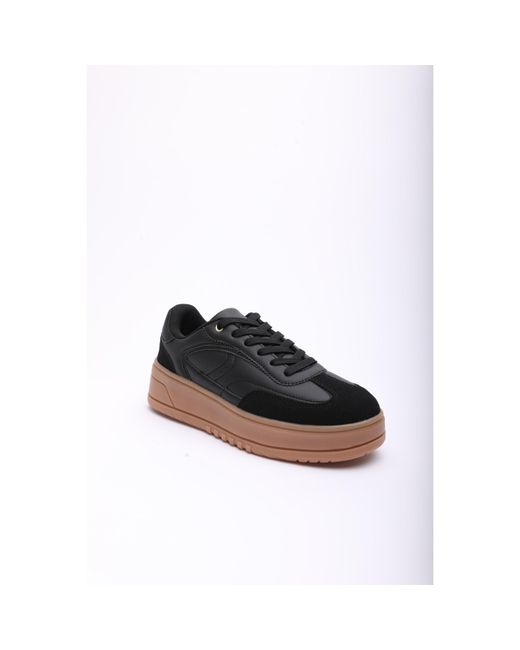 Where's That From Black Low Wedge Lace Up Trainer With Leopard Print Heel Detail