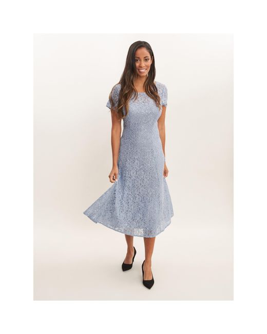 Gina Bacconi Blue Genny Cap Sleeve Midi Sequin Lace Dress