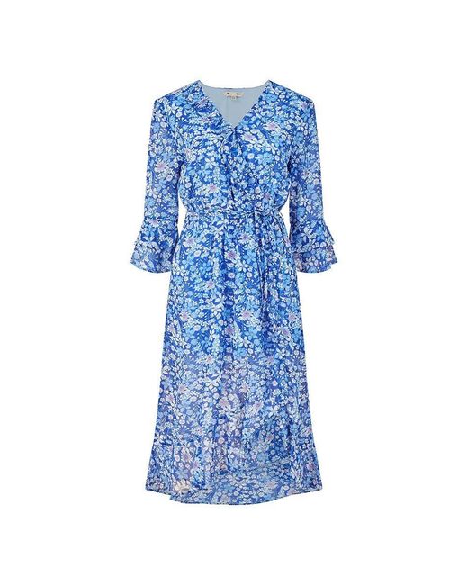 Yumi' Blue Floral Three Quartersleeve Frill Wrap Dress