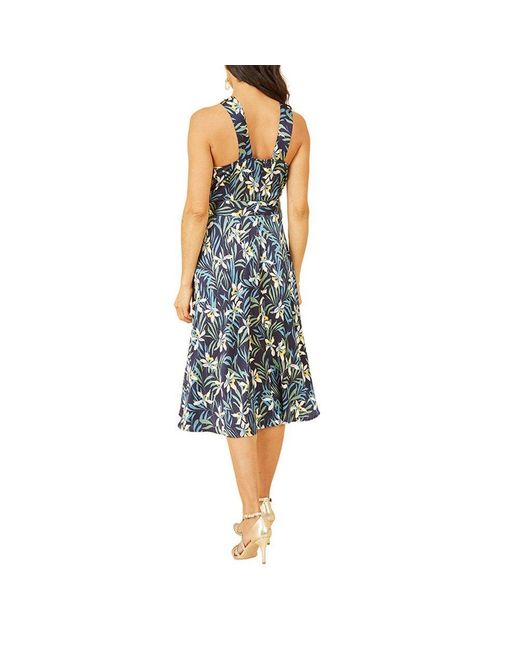 Yumi' Blue Tropical Print Satin Swing Dress