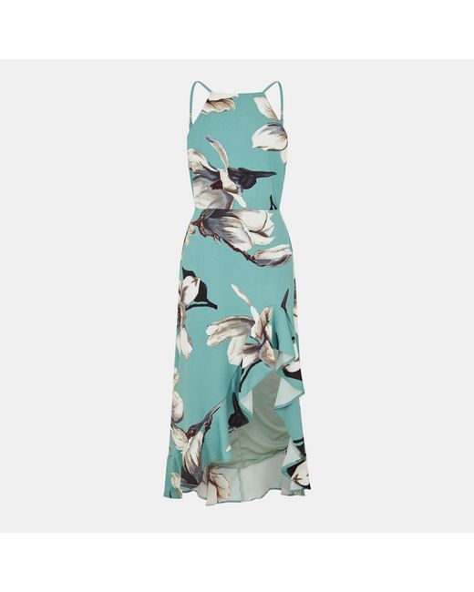 AX Paris Green Racer Neck High Low Frill Hem Midi Dress