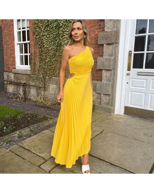 AX Paris Yellow One Shoulder Cut Out Pleated Midi Dress