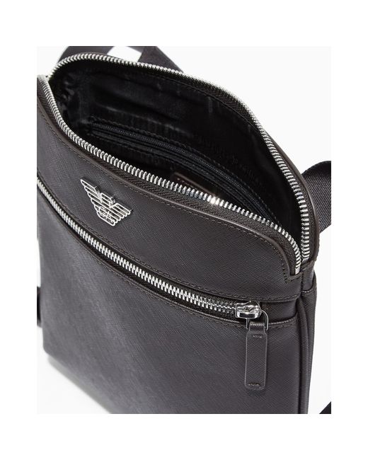 Emporio Armani Black Regenerated Saffiano Leather Flat Shoulder Bag for men