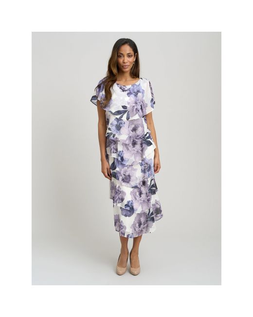 Gina Bacconi Blue Rena Midi Printed Tiered Chiffon Dress